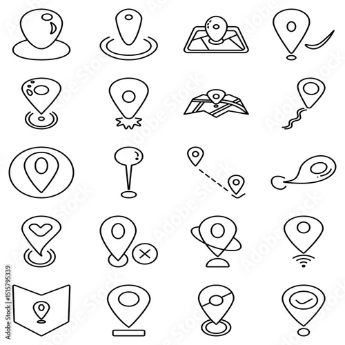  set of location pin icons in line style, featuring map markers, navigation symbols, route indicators, and geolocation elements suitable for UI/UX, maps, and travel-related designs.