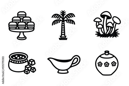Outline Vector Set Cake Stand, Palm Tree, Mushrooms, Pot, Gravy Boat, Vase Icons