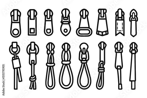 Outline Vector Set of Zipper Pulls for Clothing and Accessories Design Projects