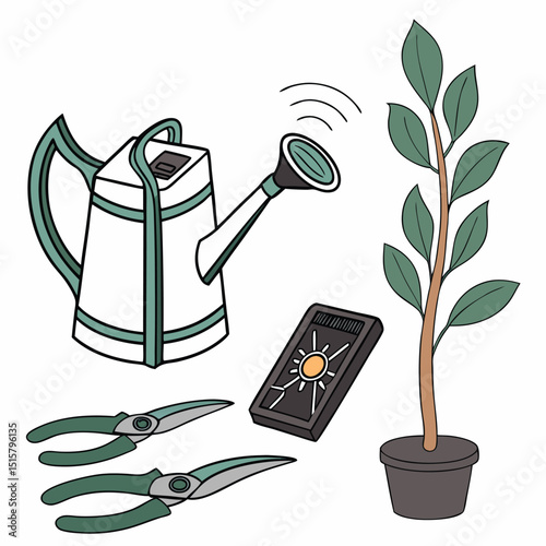 A drawing of a watering can, a plant in a pot, pruning shears, and a solar panel on a white background