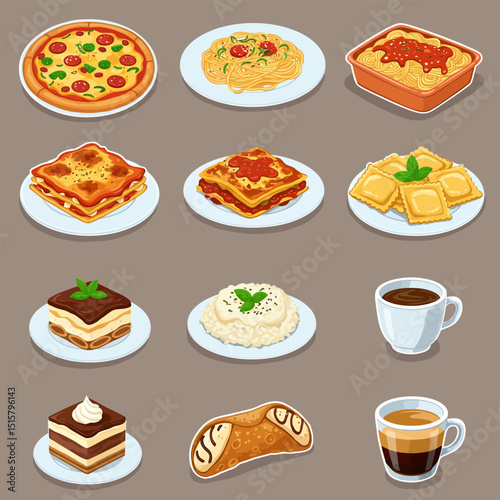 Italian Cuisine with Food Vector, Pasta, and Dessert.