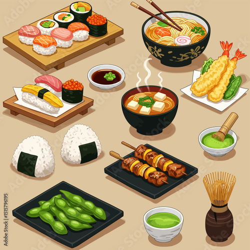 Japanese Cuisine Set with Food Isometric, and Dishes.