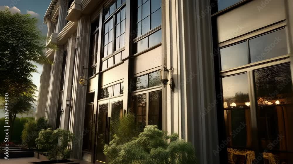 Exterior view of a classical style commercial building featuring large windows, columns, manicured gardens, and a stone tiled walkway