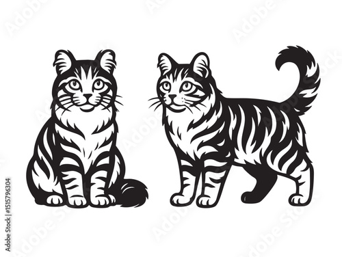 Two detailed black and white vector illustrations of American Curl cats, one sitting and the other standing, showcasing distinctive curled ears and playful pose. Animals.