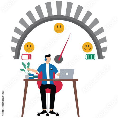 Businessman meditate at office desk with satisfaction rating work environment wellbeing, office quality happiness, career growth or workload