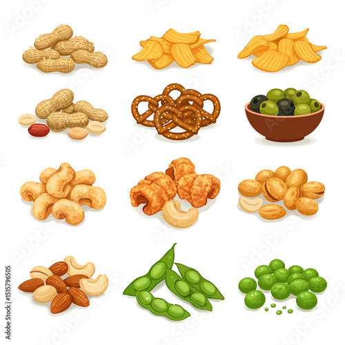 Snack Set Nuts with Chips, Pretzels, Olives, and Edamame.