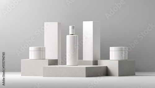 Wallpaper Mural Minimalist product display featuring white cosmetic containers, pump bottle, and jars on light grey geometric platforms against a neutral backdrop Torontodigital.ca