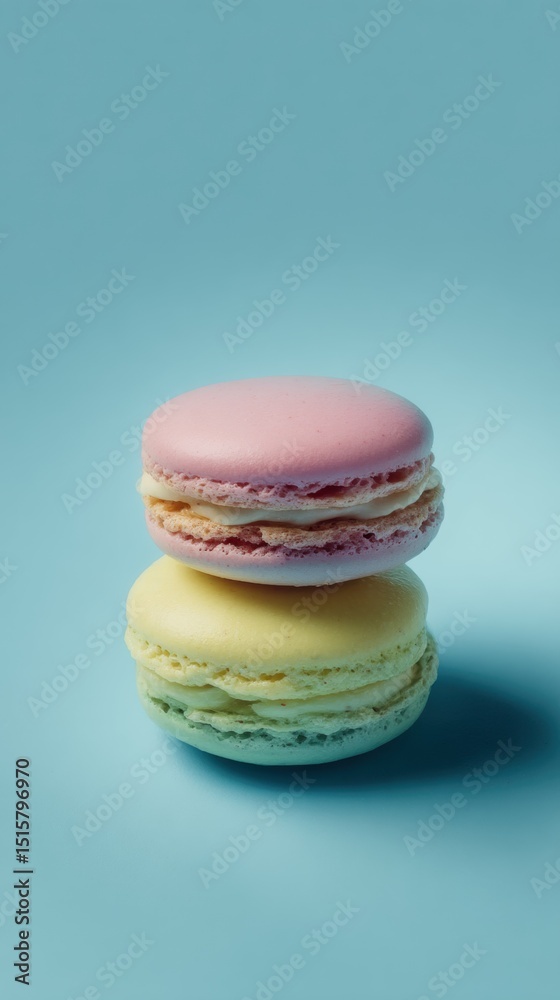 Colorful macarons stacked on blue background Colorful macarons stacked on blue background