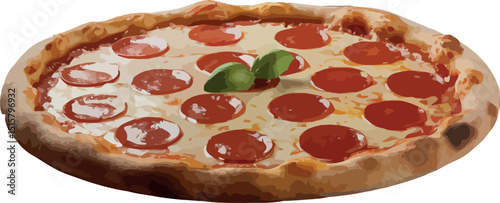 Delicious pepperoni pizza illustration featuring fresh basil on a clean transparent background.