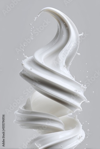 A swirling, spiraling vortex of creamy white liquid, suspended in mid-air against a neutral gray background, with small droplets spraying outward