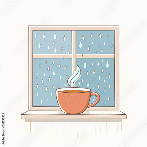 A steaming cup of tea near a rainy window in a calm cozy style