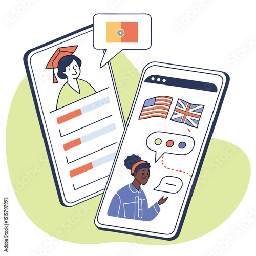 Illustration of language learning app with flags and people on phones over a green background design
