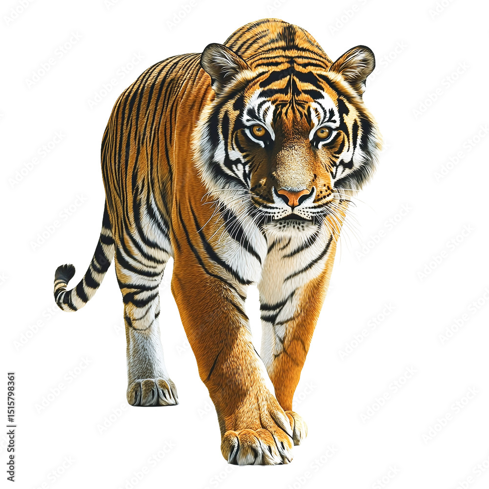 Naklejka premium Majestic bengal tiger walking forward isolated on transparent PNG