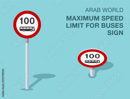 Traffic regulation rules. Isolated Arab world "maximum speed limit for buses" road sign. Front and top view. Flat vector illustration template.