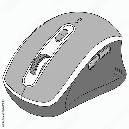 A gray computer mouse with a scroll wheel and two side buttons isolated on a white background drawing style
