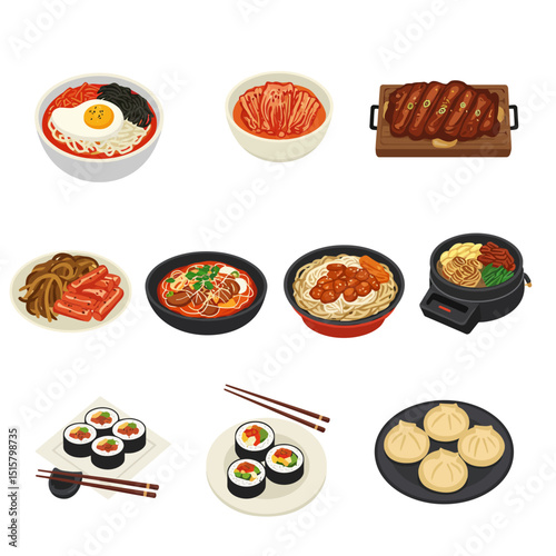 Korean food set Cuisine dishes collection.