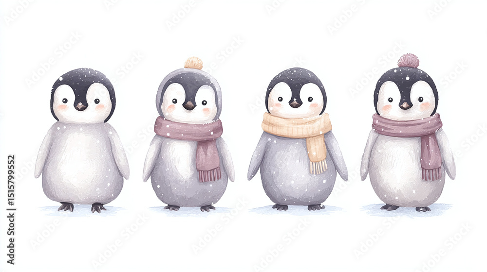 Fototapeta premium Four Cute Penguins in Winter Outfits