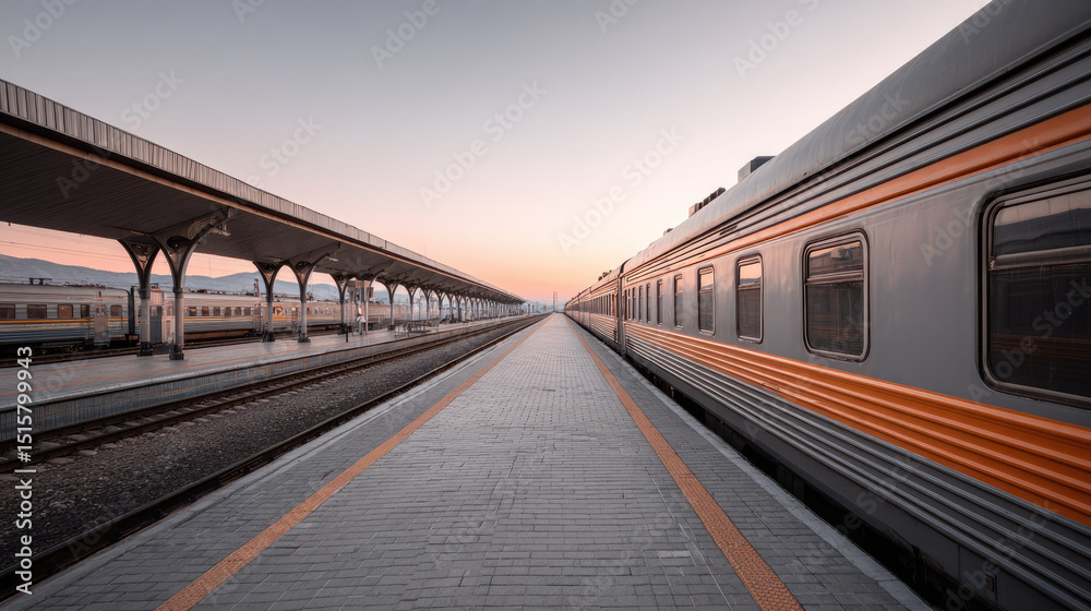 Train station platform with empty tracks at sunset Train station platform with empty tracks at sunset