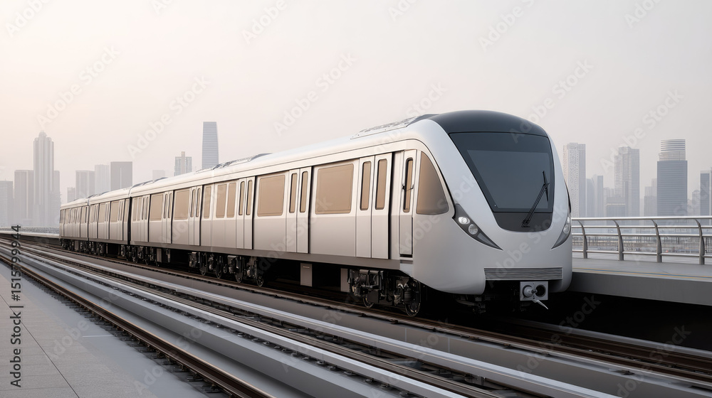 Naklejka premium Modern white train on elevated railway with city skyline