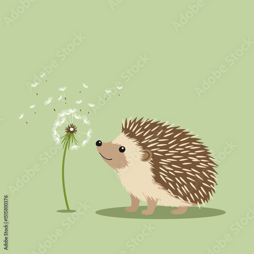 Hedgehog Looking at Dandelion with Flying Seeds Illustration on Green