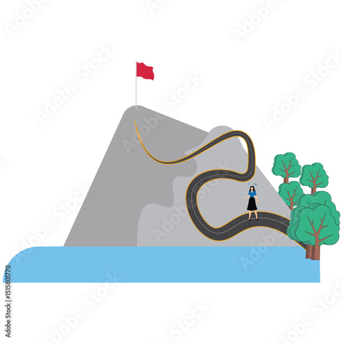 Challenge and the goal,businesswoman looking for a way to his goal planning to reach the success flag on top of the mountain leadership