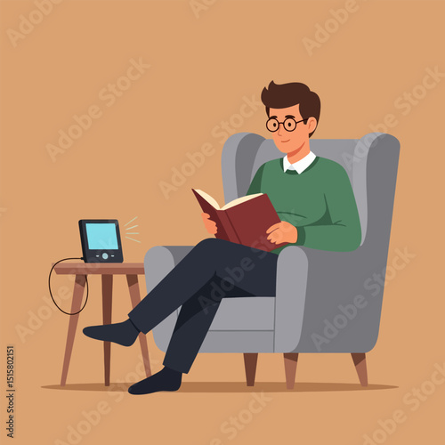 Wallpaper Mural Man Reading Book in Armchair Next to Charging Electronic Device Torontodigital.ca