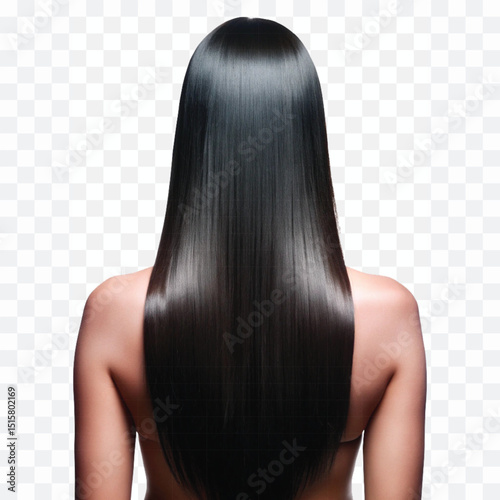realistic glossy woman's long, straight, black hair style isolated on transparent background.