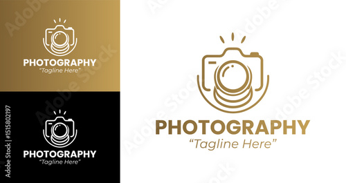 Minimalist Photography Logo Design with Camera Icon in Blue and Gold Color Scheme