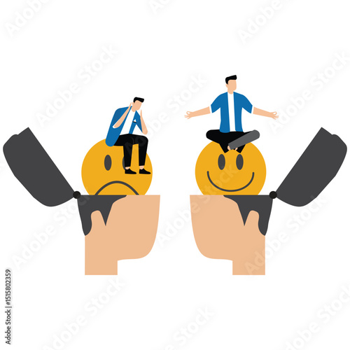 Difference positive and negative Business man meditating on head with the mood scale with sit Sad Stress on head emotion happy and sad faces