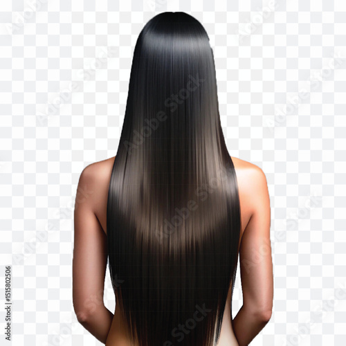 realistic glossy woman's long, straight, black hair style isolated on transparent background.