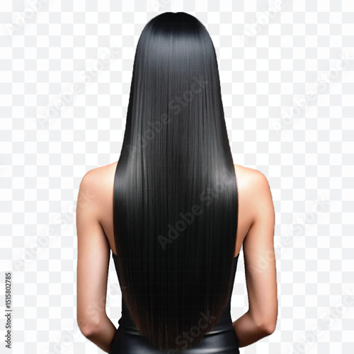 realistic glossy woman's long, straight, black hair style isolated on transparent background.
