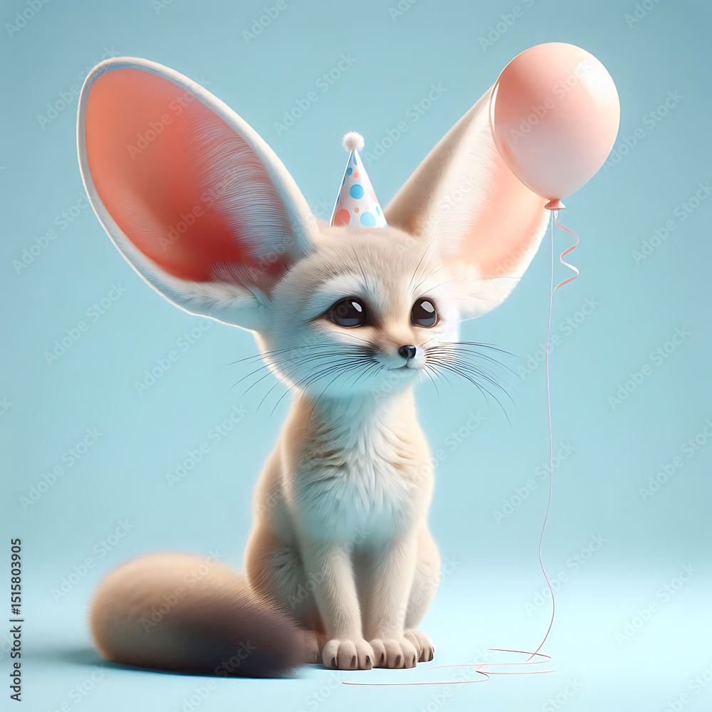 Fototapeta premium Curious Fennec Fox with Birthday Balloon. Generative AI