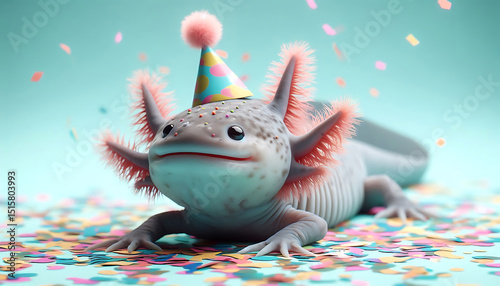 Playful Axolotl with Confetti and Party Hat. Generative AI