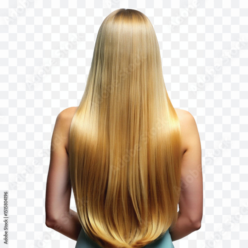 realistic back view woman with long shine golden or brown color straight hair isolated on transparent background.