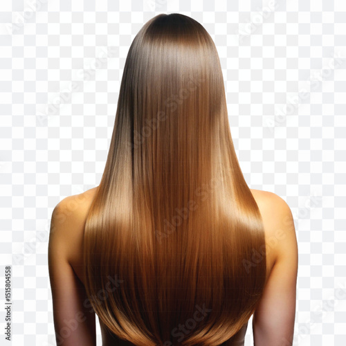 realistic back view woman with long shine golden or brown color straight hair isolated on transparent background.
