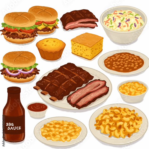 BBQ Feast Ribs with Burgers, Sides, and Isolated.