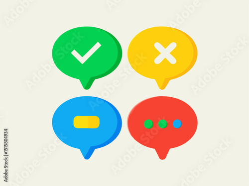 A Colorful Set of Speech Bubbles with Various Checkmarks, Crosses, Minus, and Ellipsis Symbols