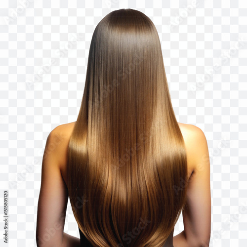 realistic back view woman with long shine golden or brown color straight hair isolated on transparent background.
