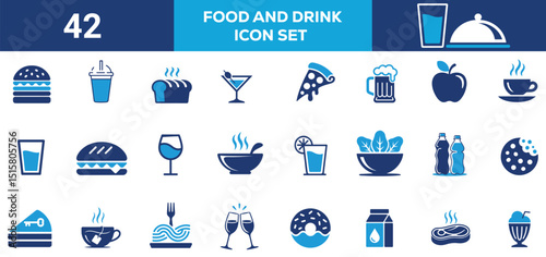 High Quality Vector Food and Drink Icon Collection Includes Burger, Pizza, Soda, Coffee, Beer, Apple, Bread, Water and Cocktail Solid Icon Style