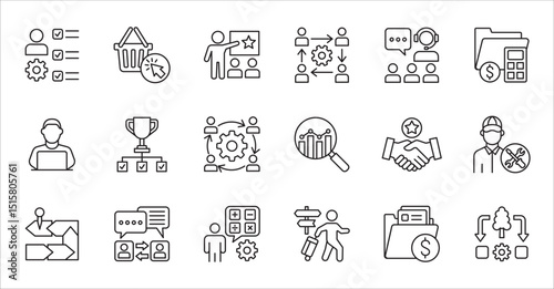 Business company and Management icon set. Contains symbol of teamwork, target, market, global, success, customer service, leadership, holiday, asset, meeting, entrepreneur. Vector illustration