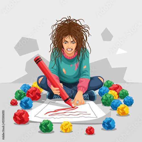 Frustrated Woman Drawing with Large Crayon Surrounded by Crumpled Paper