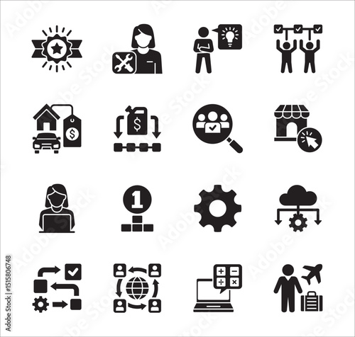 Business company Icon set. Management icon set. Contains symbol of teamwork, data, asset, stock, resource, employee, businessman, target, finance, holiday, meeting, progress. Vector illustration