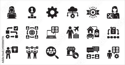 Business company and Management icon set. Contains symbol of teamwork, target, market, global, success, customer service, leadership, holiday, asset, meeting, entrepreneur. Vector illustration