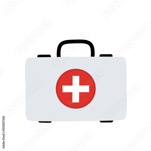 Flat first aid kit icon with red cross, representing emergency medical supplies, treatment, and healthcare essentials