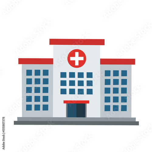 Flat illustration of a modern hospital building with red cross symbol, representing medical center, clinic, or emergency healthcare facility