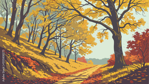 A scenic forest path covered in vibrant autumn leaves, golden sunlight streaming through the trees