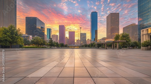 Houston Skyline at Sunset with Dramatic Sky, Modern Architecture, Urban Landscape, Cityscape Photography, Downtown Houston, Texas, USA