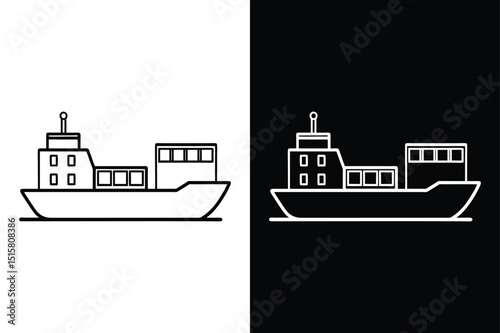 Black and White Cargo Ship Icon. Vector Illustration for Web Design