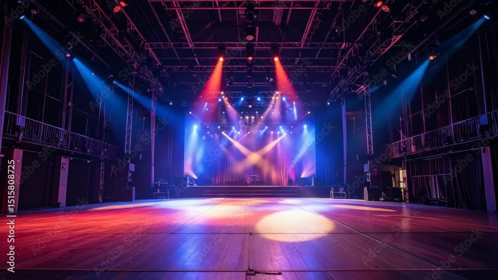 Illuminated stage ready for a show, event space preparation with dynamic spotlights