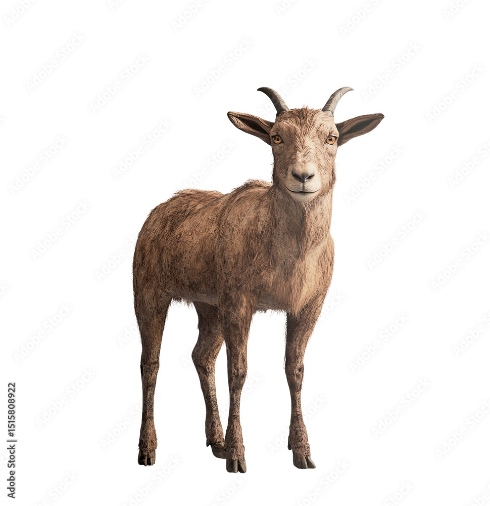 Fototapeta premium A young brown goat standing full body isolated on transparent PNG